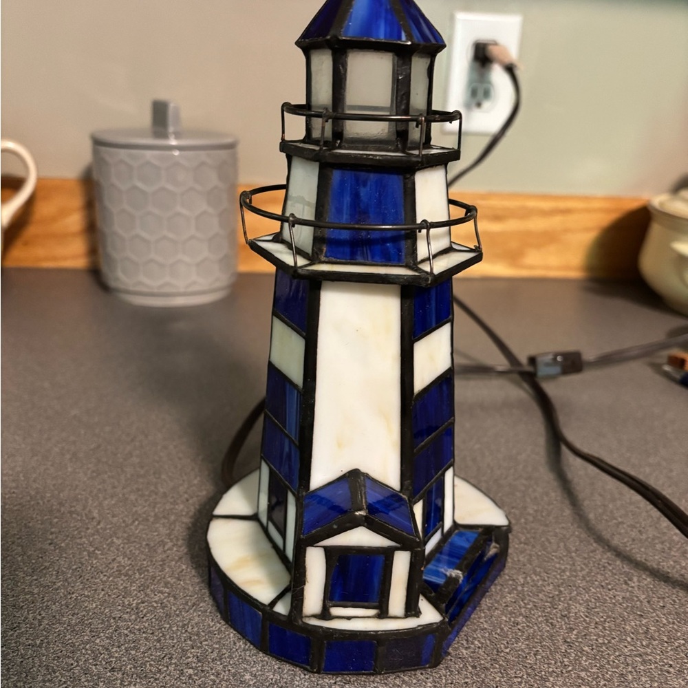 Stained Glass Lighthouse Lamp - Blue and White